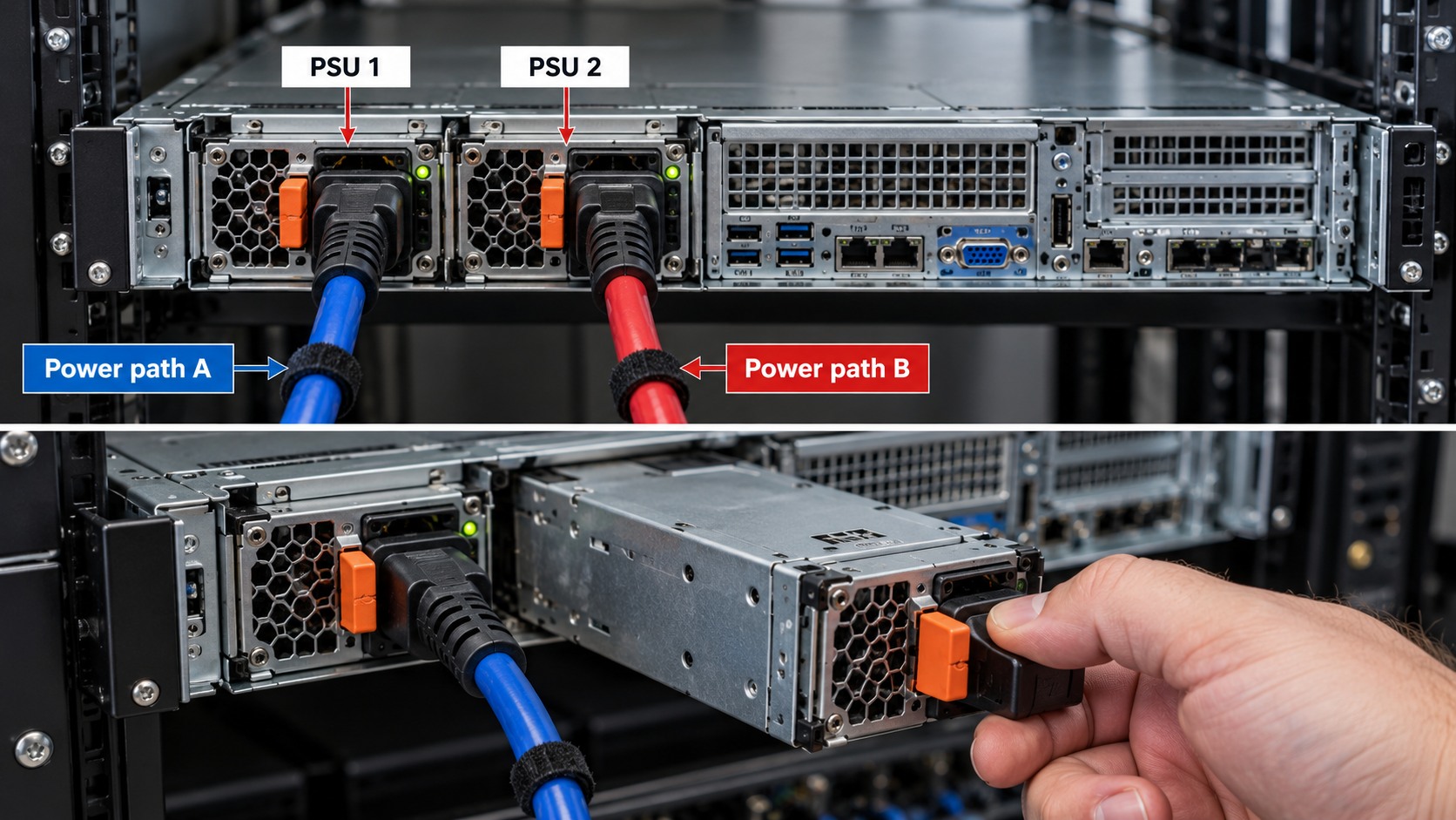 Representative redundant server power supplies illustrating separate A and B power paths